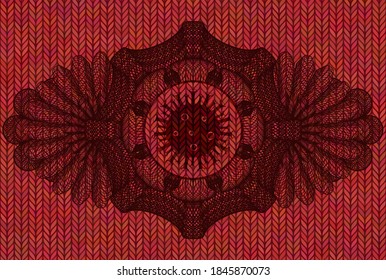 Linear decoration Virus icon inside Red wool emblem. Cloth luxurious background. Artistic illustration. 