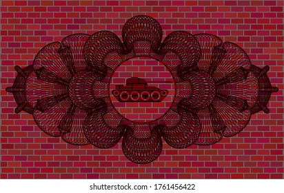 Linear decoration war tank icon inside red brick stone wall badge. Tiles luxurious background. Illustration. 