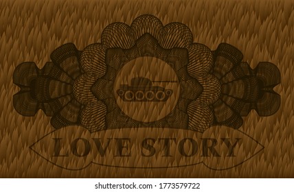 Linear decoration war tank icon and Love Story text Hairy brown fur realistic badge. Animal delicate background. Vector illustration. 