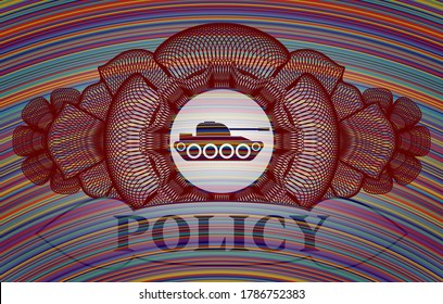 Linear decoration war tank icon and Policy text colorful badge. Showy classic background. Illustration. 