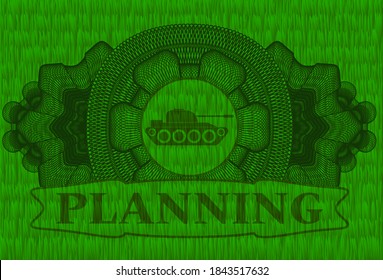 Lineare Dekoration Krieg Panzer Symbol und Planung Text Gras Weide realistisch Badge. Eco-luxuriöser Hintergrund. Intensive Illustration. 