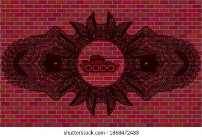 Linear decoration war tank icon inside red brick wall emblem. Tiles fashionable background. Vector illustration. 