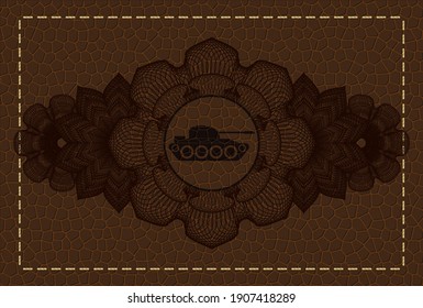 Linear decoration war tank icon inside leather emblem. Wallet graceful background. Vector illustration. 