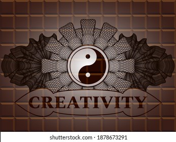 Linear decoration Yin yang icon and Creativity text chocolate bar realistic emblem. Brown chic background. Vector illustration. 