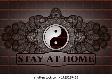 Lineare Dekoration Yin Yang Ikone und Bleiben Sie zu Hause Text Schokolade Bar-Abzeichen. Brauner, chic Hintergrund. Intensive Illustration. 