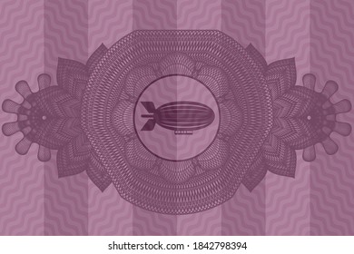 Linear decoration zeppelin icon inside pink wavy realistic emblem. Curve delicate background. Illustration. 