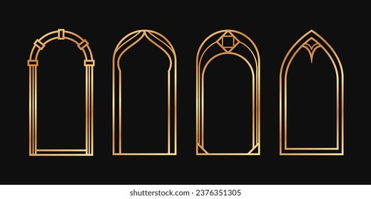 Linear decorative boho arch in gold color. Art Deco vector bohemian frames set on black background