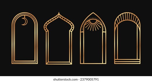 Linear decorative boho arch in gold color. Art Deco vector bohemian frames set on black background