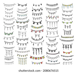 Linear decorative elements in the form of garlands, pendants, flags and ribbons. Hand drawing style.