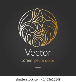 Linear decorative emblem with leaves in a circle shape. Can be used as monogram and logo. Luxury vintage vector template with elegant elements. Great for wallpaper or background decoration.