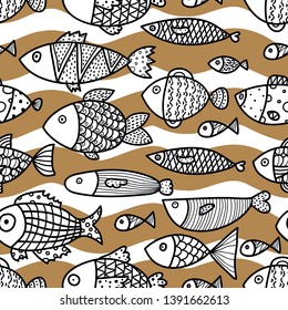Linear decorative fish on a gold waves. Seamless pattern can be used for wallpaper, pattern fills, web page background, surface textures.
