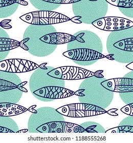 Linear decorative fish on a mint background with polka dots. Seamless pattern can be used for wallpaper, pattern fills, web page background, surface textures.