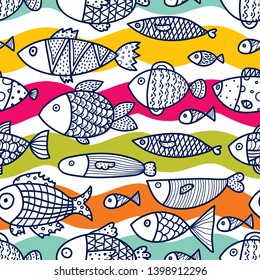 Linear decorative fish on a mint background and colorful waves. Seamless pattern can be used for wallpaper, pattern fills, web page background, surface textures.