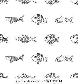 Linear decorative fish. Seamless pattern can be used for wallpaper, pattern fills, web page background, surface textures.