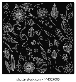 Linear decorative flowers, vector sketch