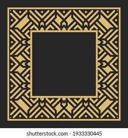 Linear decorative gold frame it is isolated on a black background. An geometric element of design with the place for the text. Production of invitations, menu, cafe and boutiques. Vector graphic.