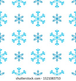 Linear decorative lace snowflakes vector seamless pattern. Blue and white colors.