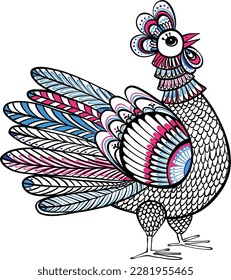 Linear decorative rooster with colored comb in zentangle style