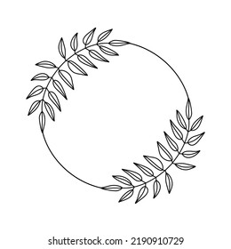 Linear Decorative Wreath With Leaves. Botanical Round Frame. Vector Circle Border.