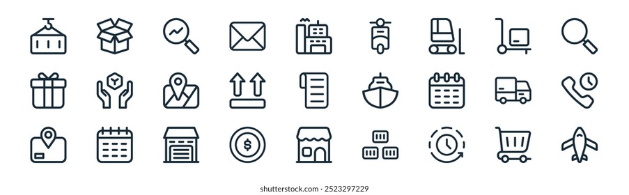 linear delivery icon pack. vector thin line shopping cart, cardboard, tracking, push cart, this side up, support, store, air freight icons suitable for apps and websites ui designs