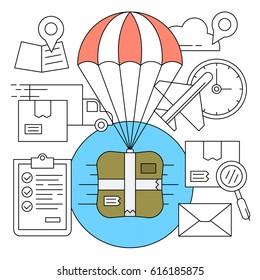 Linear Delivery Icons. Minimal Parachuting Box with Other Elements