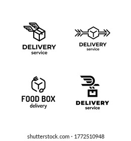 Linear delivery logo design set. Vector box icon label for logistic services. Creative fast shipping concept with flying bird, wings, arrow. Simple post symbol illustration background