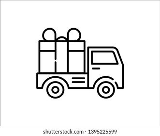 linear delivery truck with gift box. stroke flat style trend logotype graphic art design illustration isolated on white background. concept of supply of product from supermarket warehouse or store.