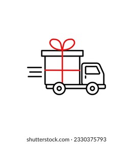 Camión de entrega lineal con caja de regalo. trazo de estilo plano tendencia logotipo gráfico ilustración de diseño de arte aislado en fondo blanco. concepto de suministro de productos del almacén o almacén de supermercados