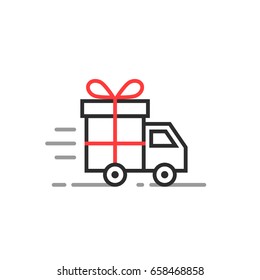 linear delivery truck with gift box. stroke flat style trend logotype graphic art design illustration isolated on white background. concept of supply of product from supermarket warehouse or store