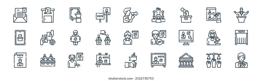 democracia linear ícone pack. vetor linha fina direitos humanos, correio, juramento, voto, debate, cabine de votação, bandeira, ícones do presidente adequado para aplicativos e sites