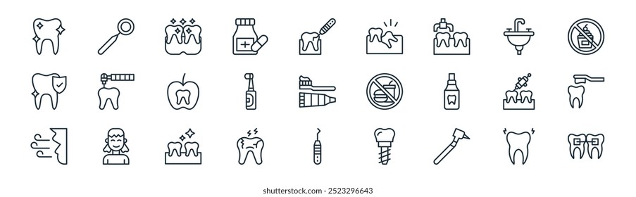 Vector de línea delgada de dolor de dientes, espejo bucal, dientes, fregadero, cepillo de dientes eléctrico, limpieza, sonda dental, brackets iconos adecuados para App y Sitios web UI diseños