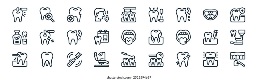 linear dental care icon pack. vector thin line gold teeth, searching, infection, baby teeth, dental schedule, toothpaste, scalling, dental veneer icons suitable for apps and websites ui designs