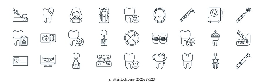 linear dentist icon pack. vector thin line fill, tooth, patient, floss, dental implant, extraction, heart, handpiece icons suitable for apps and websites ui designs