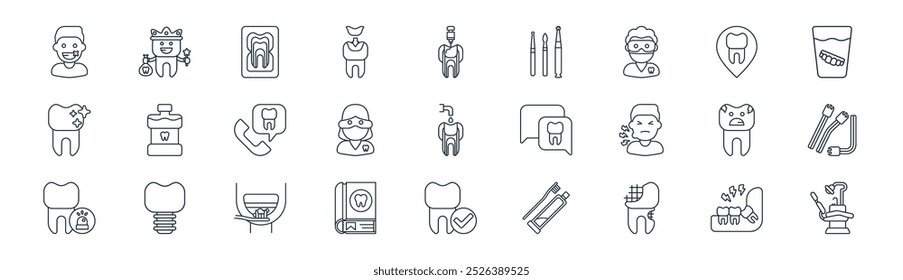 linear dentist icon pack. vector thin line pain, tooth fairy, x ray, location, dentist, ejector, checked, dental chair icons suitable for apps and websites ui designs