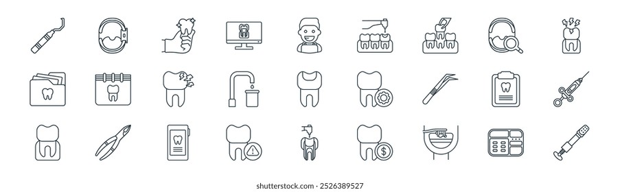 linear dentist icon pack. vector thin line dentist, bite, hand, search, sink, syringe, drill, resin icons suitable for apps and websites ui designs