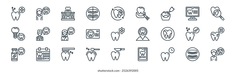 ícone de dentista linear pack. vetor de linha fina chaves, mulher, clínica dentária, computador, compromisso, quebrado, disseção, ícones de dor de dente adequados para aplicativos e sites