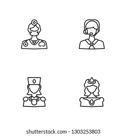 Linear Dentist, Soldier, Telemarketer, Model Vector Illustration Of 4 outline Icons. Editable Pack Of Dentist, Soldier, Telemarketer, Model