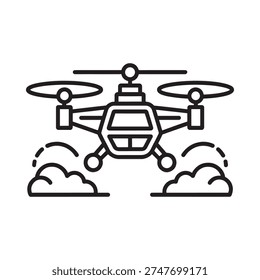 A linear depiction of a modern drone in flight surrounded by stylized cloud formations below high quality