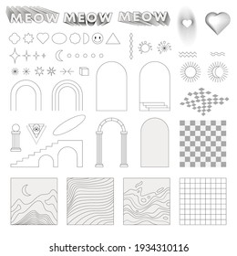 Linear design assets such as arches, landscapes, stairs, columns, geometric shapes, stars, arrows, chess board, check pattern. Modern vector graphic elements isolated on white background.