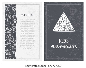 Linear design backgrounds with hand drawn lettering. Vector line concept for hiking. Set  of vector templates for brochures, leaflets, cards, flyers and covers design. Outdoor icons with open paths.