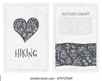 Linear design backgrounds with hand drawn lettering. Vector line concept for hiking. Set  of vector templates for brochures, leaflets, cards, flyers and covers design. Outdoor icons with open paths.
