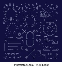 Linear design elements in vintage style drawing with gray lines on blue background