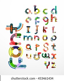 Linear design font, alphabet created with minimal lines connected, cartoon constructor