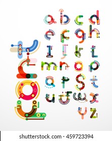 Linear design font, alphabet created with minimal lines connected, cartoon constructor