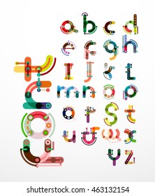 Linear design font, alphabet created with minimal lines connected, cartoon constructor