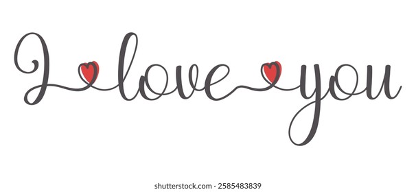 Linear design "I LOVE YOU" with one continuous line for greeting cards, posters, graphic element for design