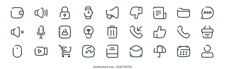 linear design material icon pack. vector thin line calendar, loudspeaker, lock, folder, bulb, basket, book, user icons suitable for apps and websites ui designs