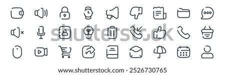 linear design material icon pack. vector thin line calendar, loudspeaker, lock, folder, bulb, basket, book, user icons suitable for apps and websites ui designs