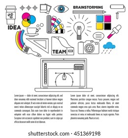 linear design objects. It contains a pencil, notebook, and other