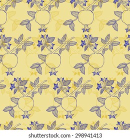 The linear design of pomegranate branches, flowers and leaves - vector seamless pattern